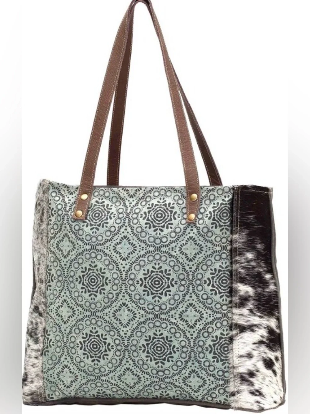 Myra Bag Mint Patterned Tote with Brown Straps and Cowhide Accents